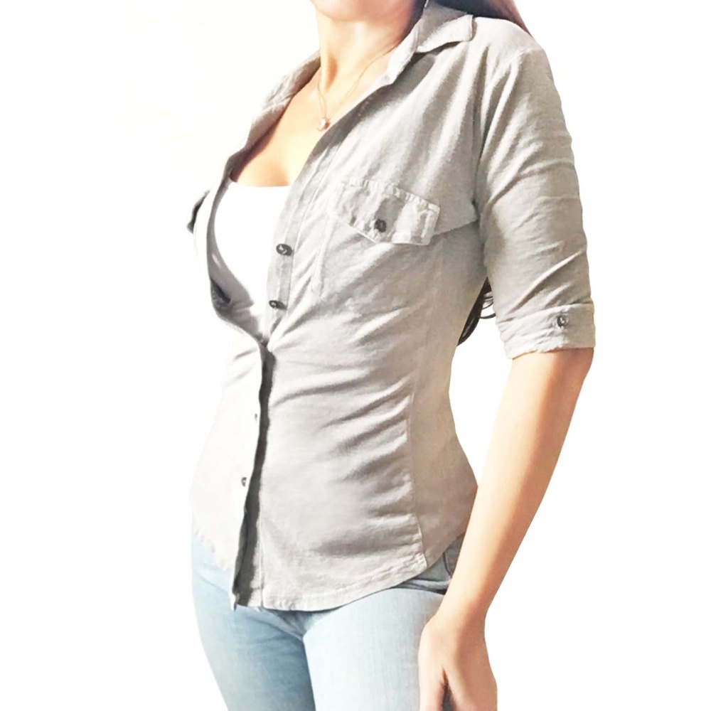 JAMES PERSE Gray 3/4 Sleeve Contrast Panel Shirt